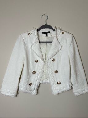 White House Black Market White Frayed Tweed Double-Breasted Military Jacket SZ 4